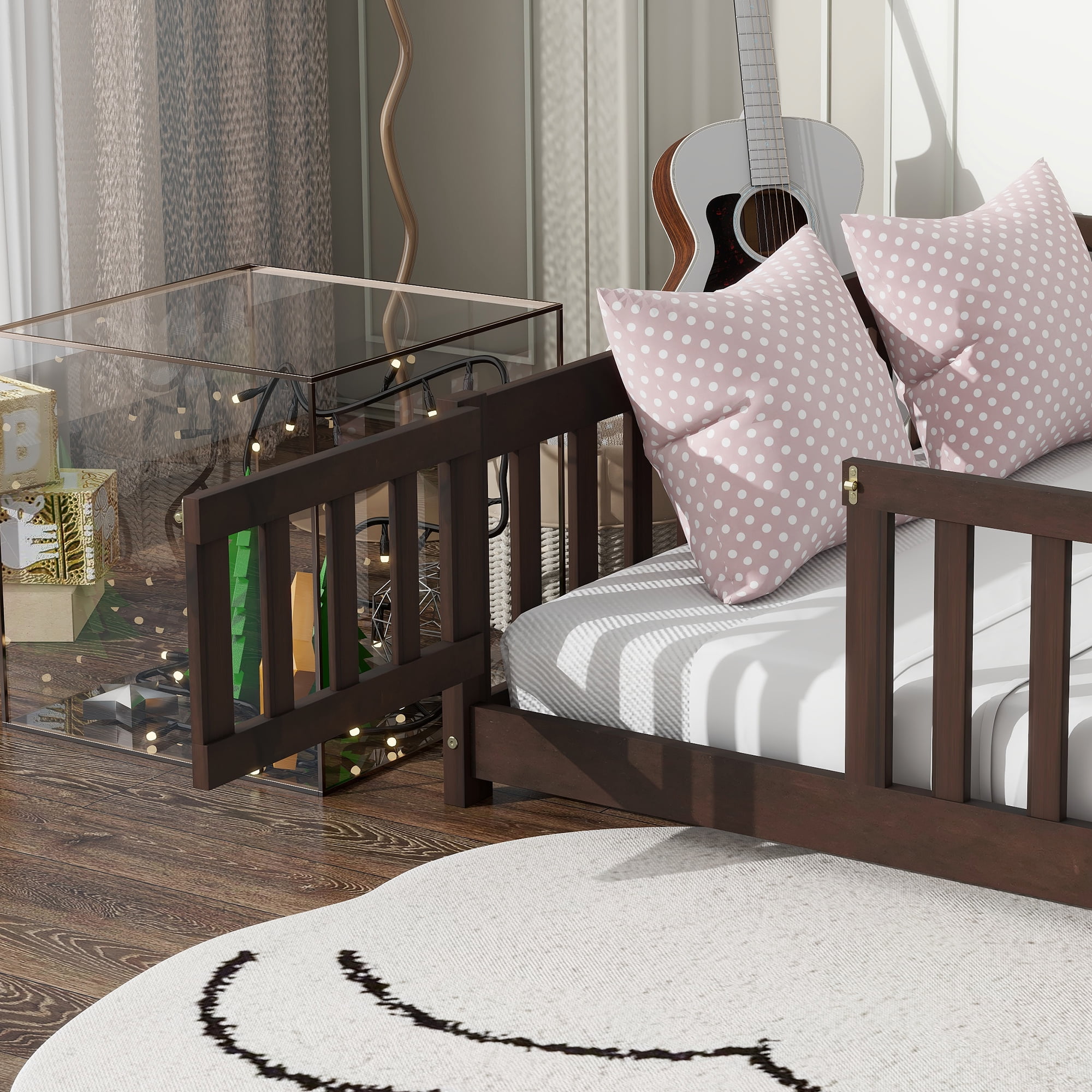 Miniyam Full Size Floor Bed with Guardrails and Door for Kids, Espresso
