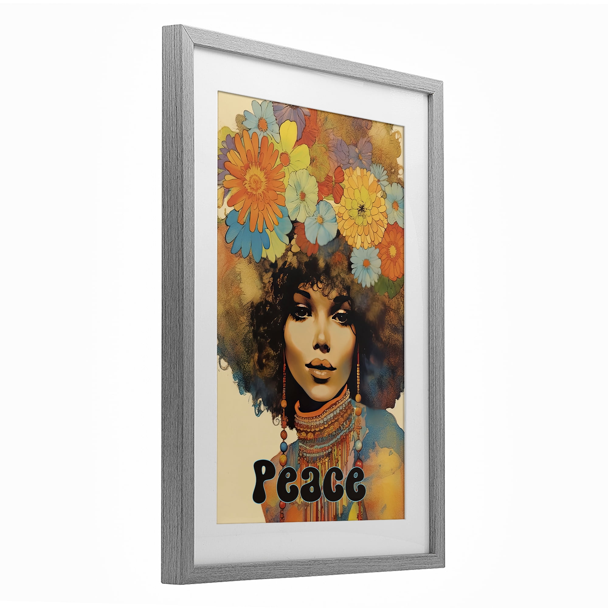 Peace Groovy Afro Girl Gray Framed Print Under Glass, design by Sasha