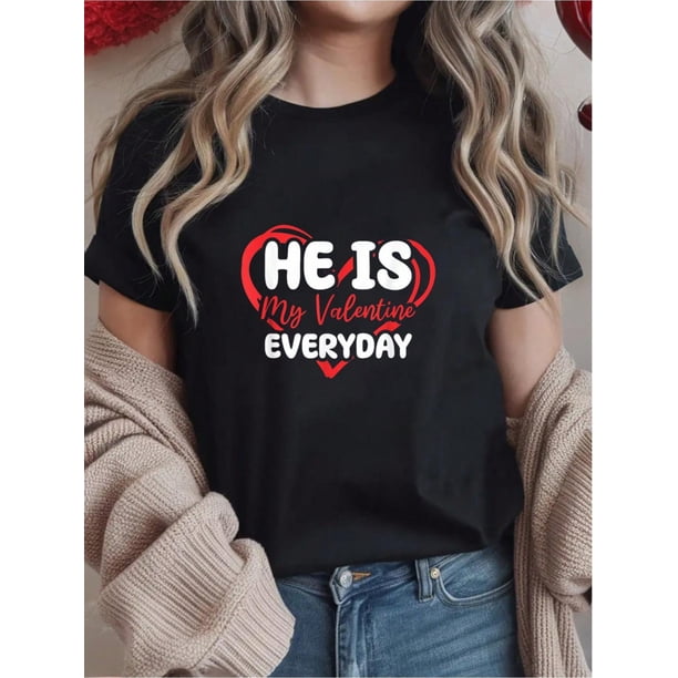 100% Cotton Valentine Couple Matching Her From Him He Is My Valentine Print Women's T-Shirt, Crew NeCamisetas para mujer, lindas camisetas con estampado gráfico, de manga corta, estilo casual, para ve