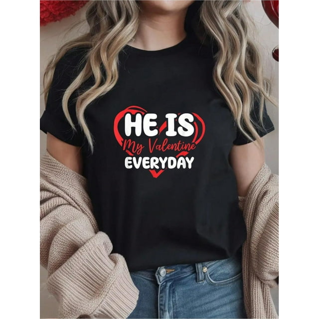 100% Cotton Valentine Couple Matching Her From Him He Is My Valentine Print Women's T-Shirt, Crew Neck Short Sleeve T-Shirt For Valentine's Day, Fun Graphic Tops For Women, All-Season Comfort Top For