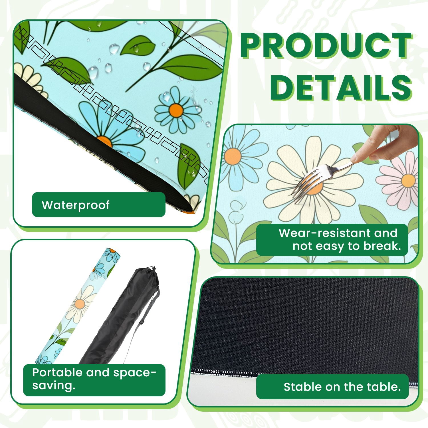 Mahjong Mat 31.5" x 31.5" Colorful Floral Daisies Leaves Light Blue Non-Slip Noise Reduction American Mahjong Tiles Table Cover for Dominoes Poker Card Board Games Gift