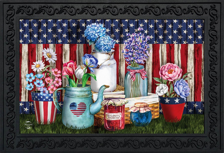 America The Beautiful Summer Doormat Patriotic Floral Indoor Outdoor 18/" x 30/"