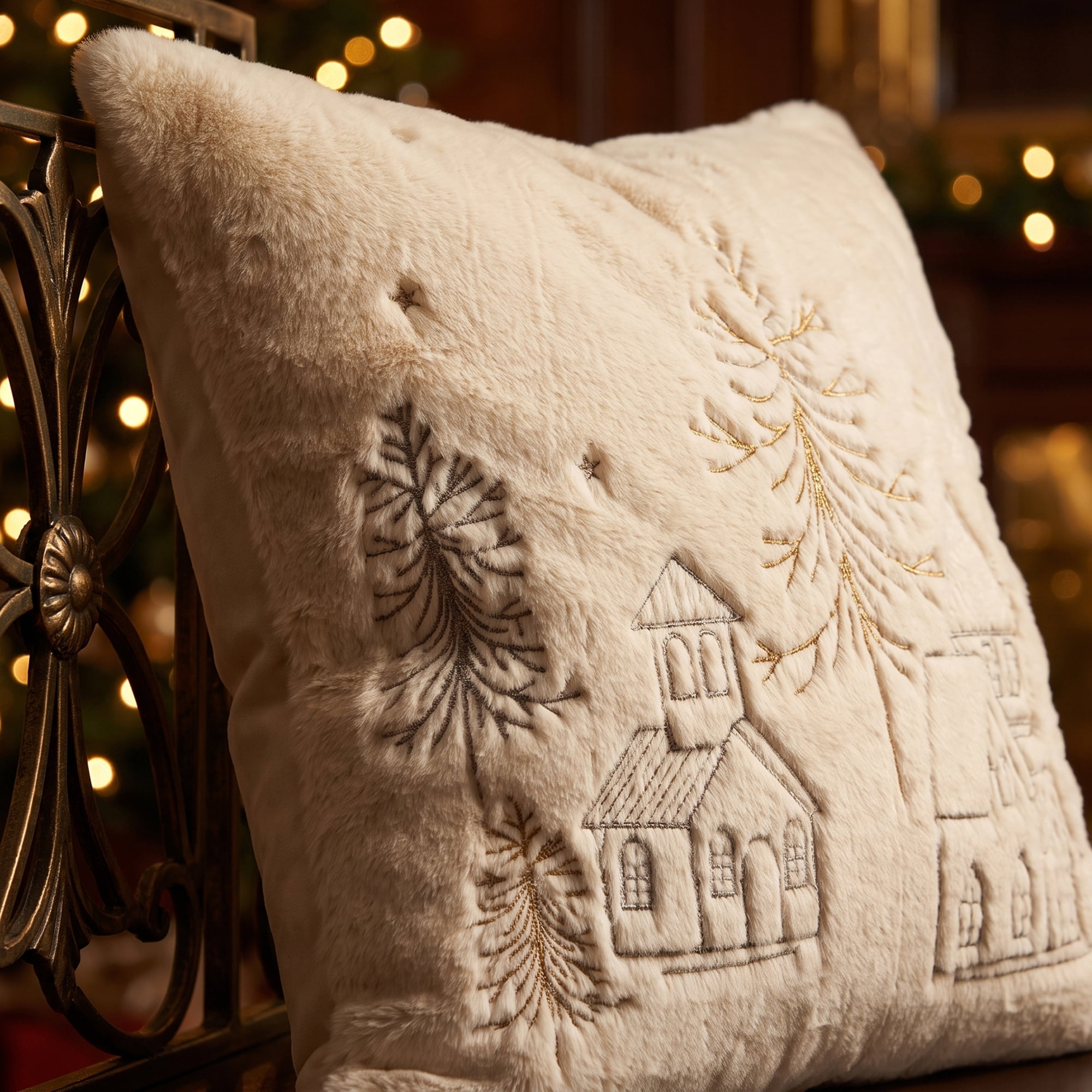 Unique Bargains Plush Embroidered Throw Pillow Cover Cushion Case Village 18"x18"