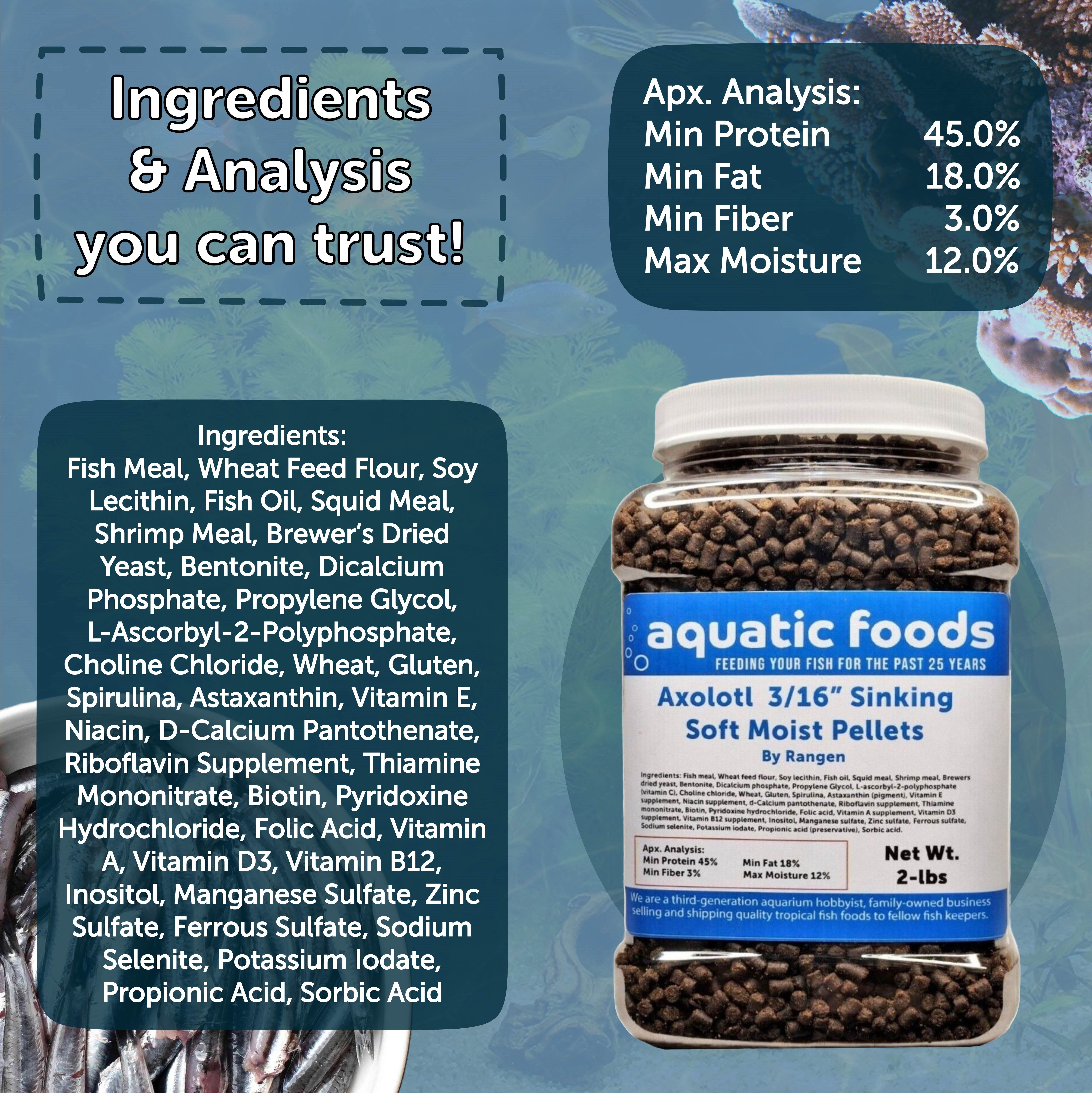 Axolotl Food 3/16" Soft Moist Sinking Rangen Salmon Pellets for Adult Axolotl also Shrimp, Snails, Crabs, Crayfish, Bottom Tropical Fish...2-lb Med Jar