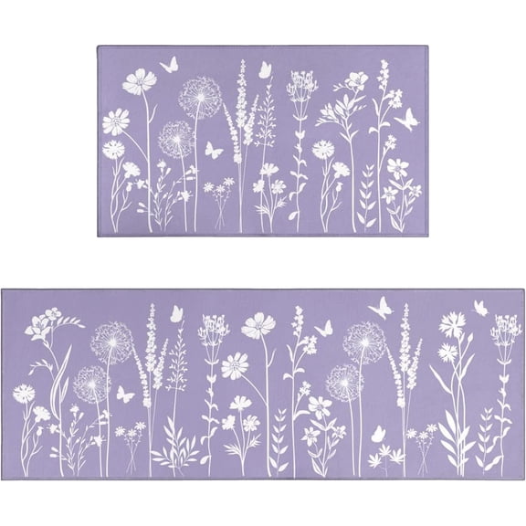 Lavender Purple Kitchen Rug Set of 2- Purple Butterfly Plant Floral Rug Floor Mats Area Rug Carpet Kitchen Decor Accessories Things- Leaves Flower Rugs for Home Kitchen Large- 17x30 and 17x48 Inch