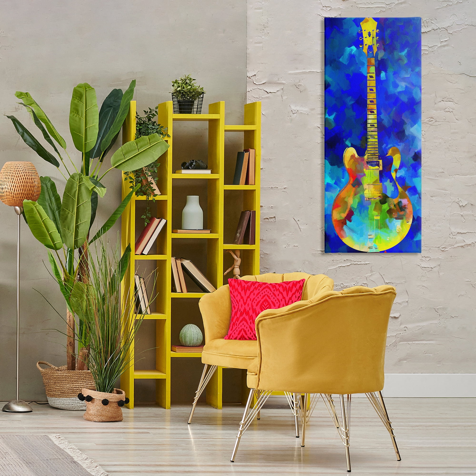 Stupell Industries Abstract Guitar on Blue Entertainment Painting Wrapped Canvas Art Print Wall Art, 20 x 48