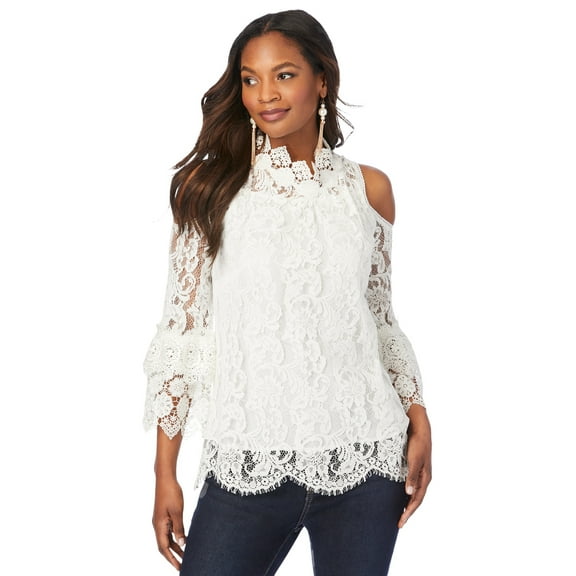 Roaman's Women's Plus Size Lace Cold-Shoulder Top