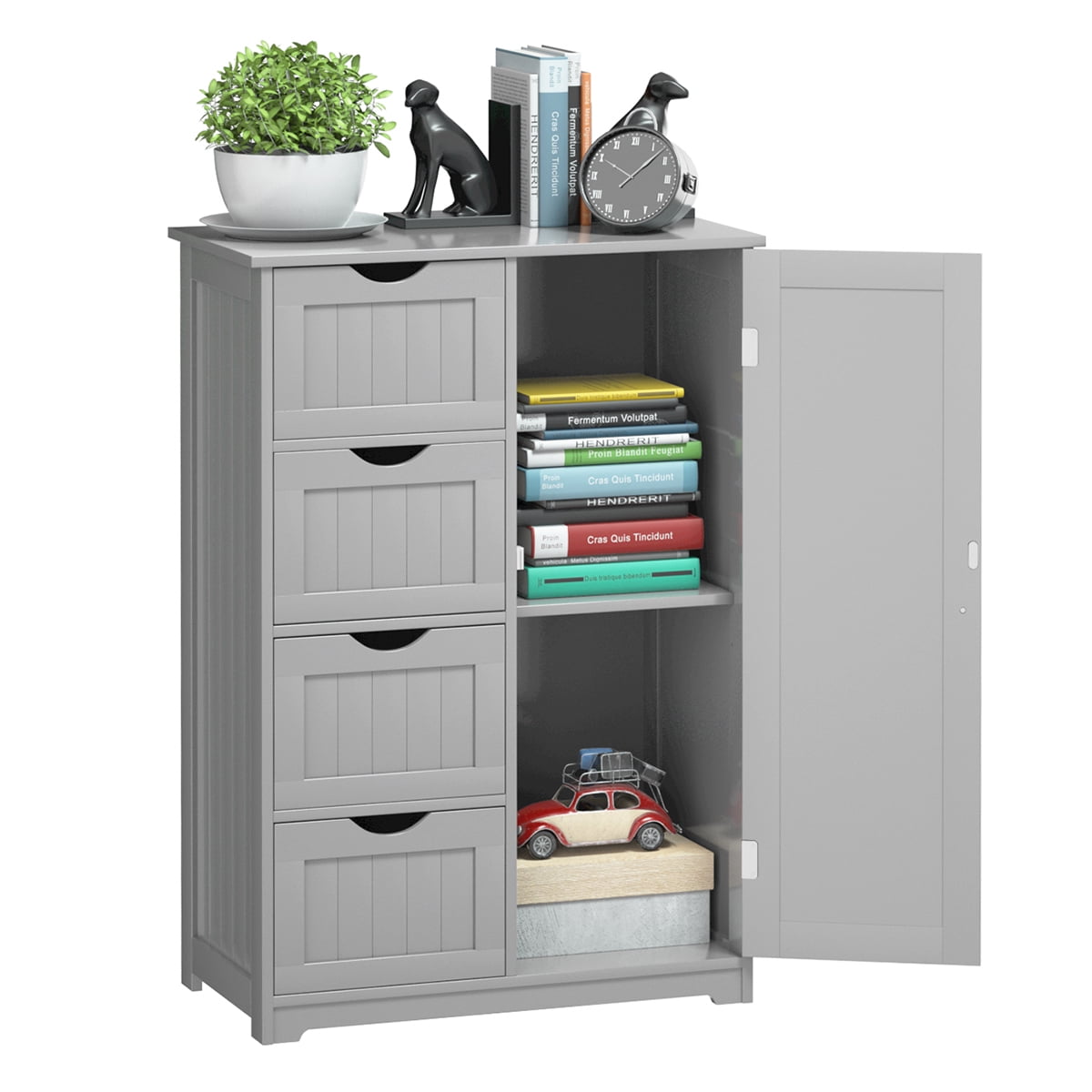 WestWood Free Standing Grey Wooden 4 Drawer 2 Shelves Bathroom Storage Cupboard Cabinet With one Door Organizer Unit FH-BS-02