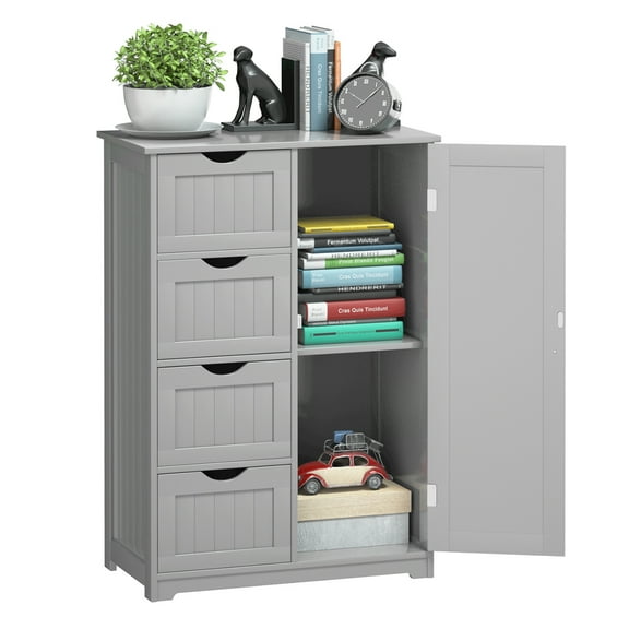 Costway Bathroom Storage Wooden 4 Drawer Cabinet Cupboard 2 Shelves Free Standing Grey