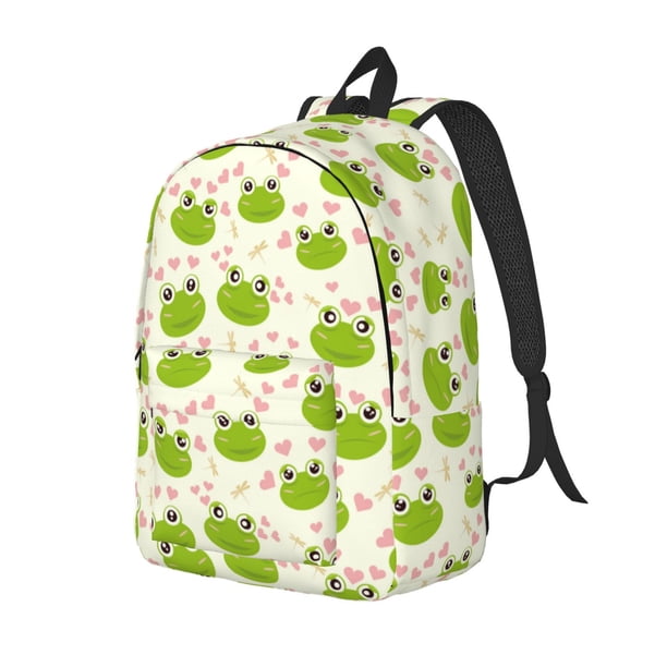 Disketp Green Frog print Canvas Backpack Lightweight Travel Daypack Student Rucksack Laptop Backpack-Small