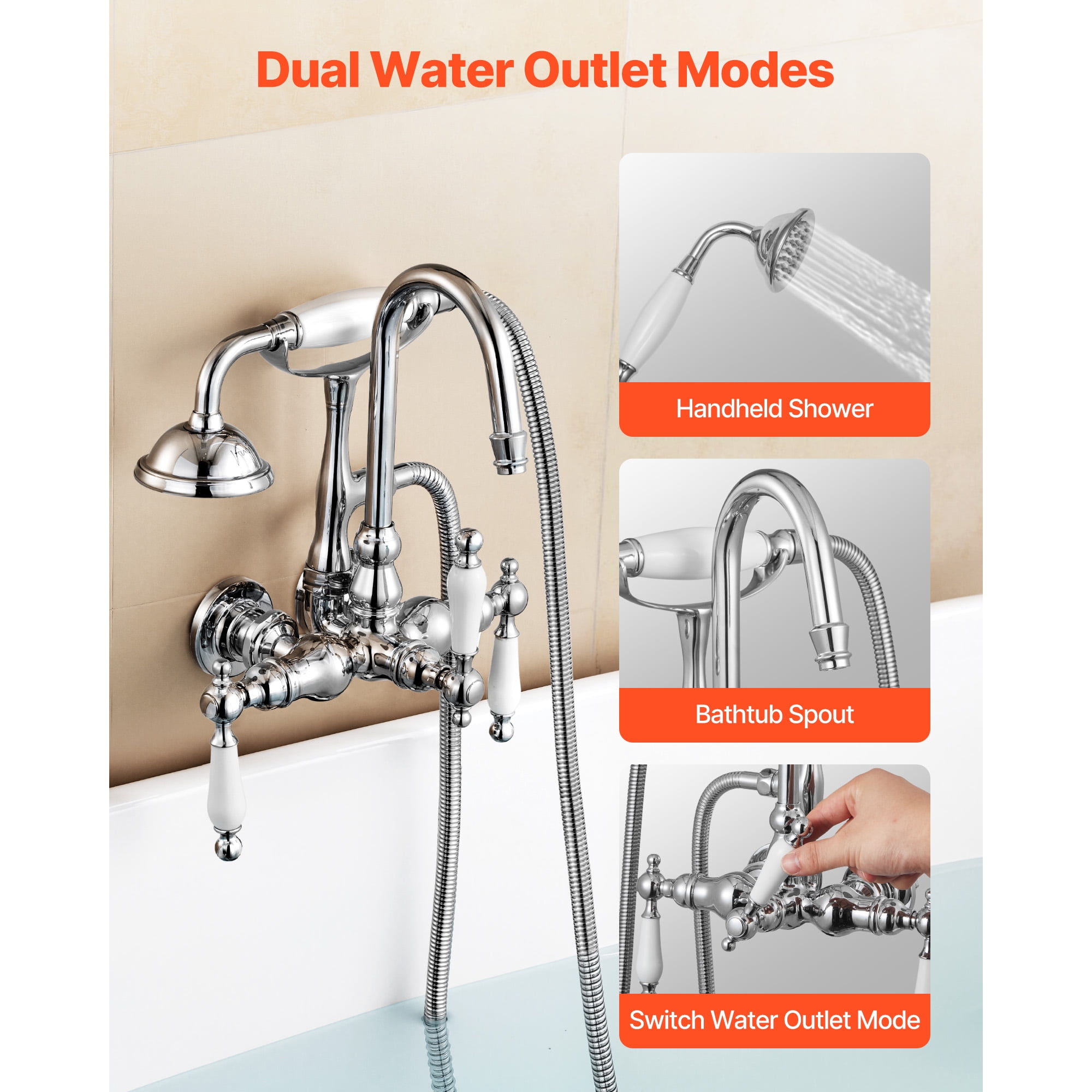 KFFKFF Wall-Mounted Clawfoot Tub Faucet with Handheld Shower, Polished Chrome Finish, Gooseneck Spout, and 59-Inch Hose – Combines Modern and Vintage Styles for Bathtubs