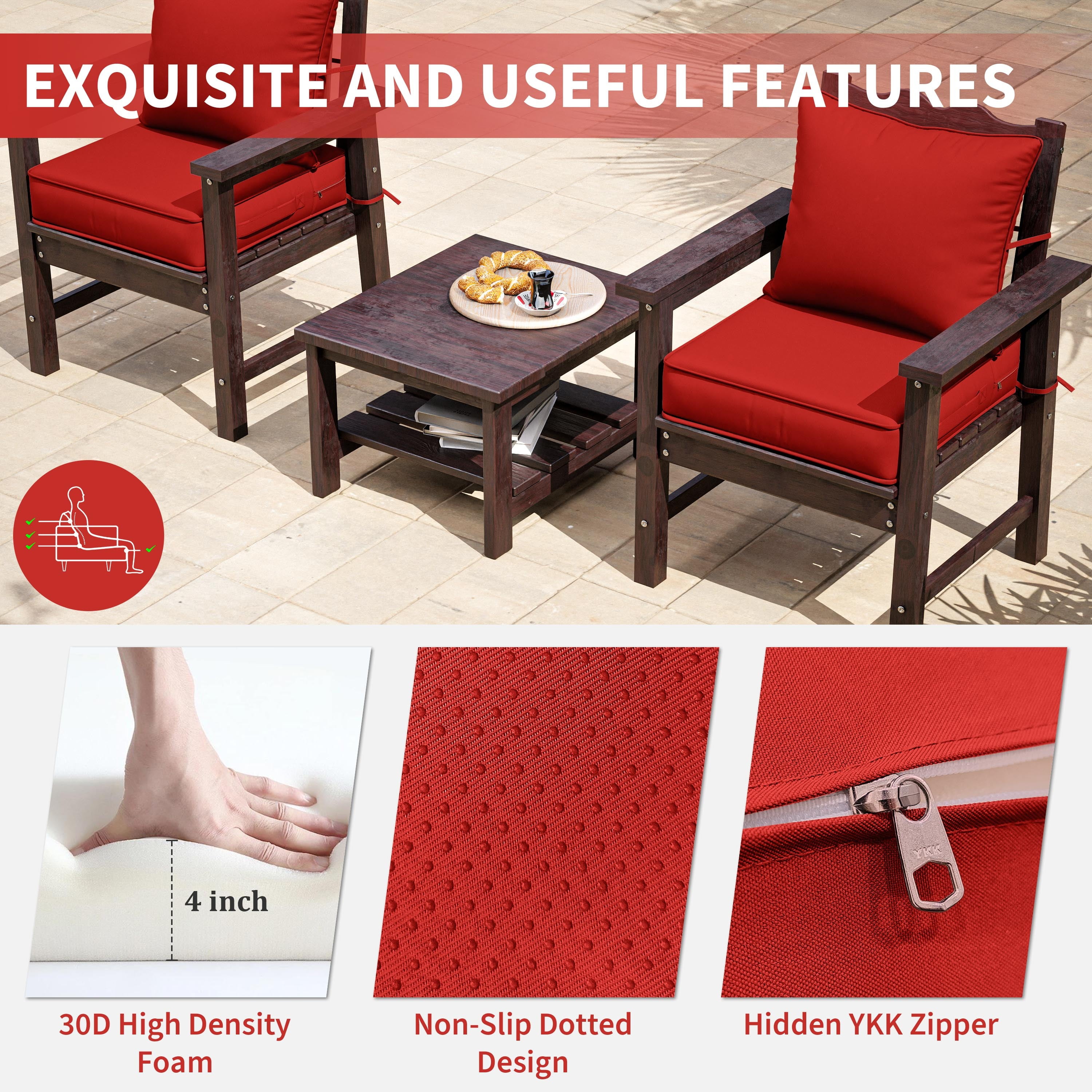 Kimunuk Outdoor Seat Cushion Set, 19" X 19" X 4" Water-Resistant & Fade-Resistant Patio Furniture Replacement Cushions with Handle and Straps for Sofa Chair, Red