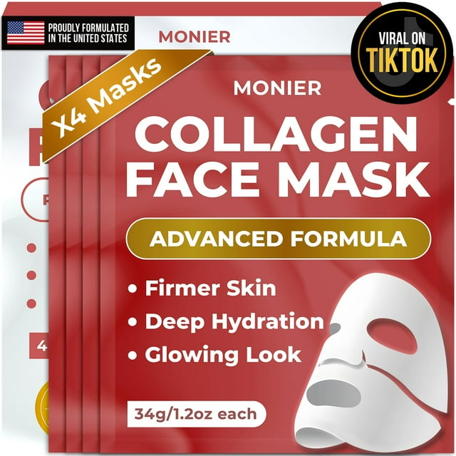 Mascarilla facial de colágeno MONIER | Bio-Collagen Real Deep Mask Mascarilla de noche para piel de vidrio Belleza facial Cuidado de la piel coreano - Para piel seca y sensible (paquete de 4)