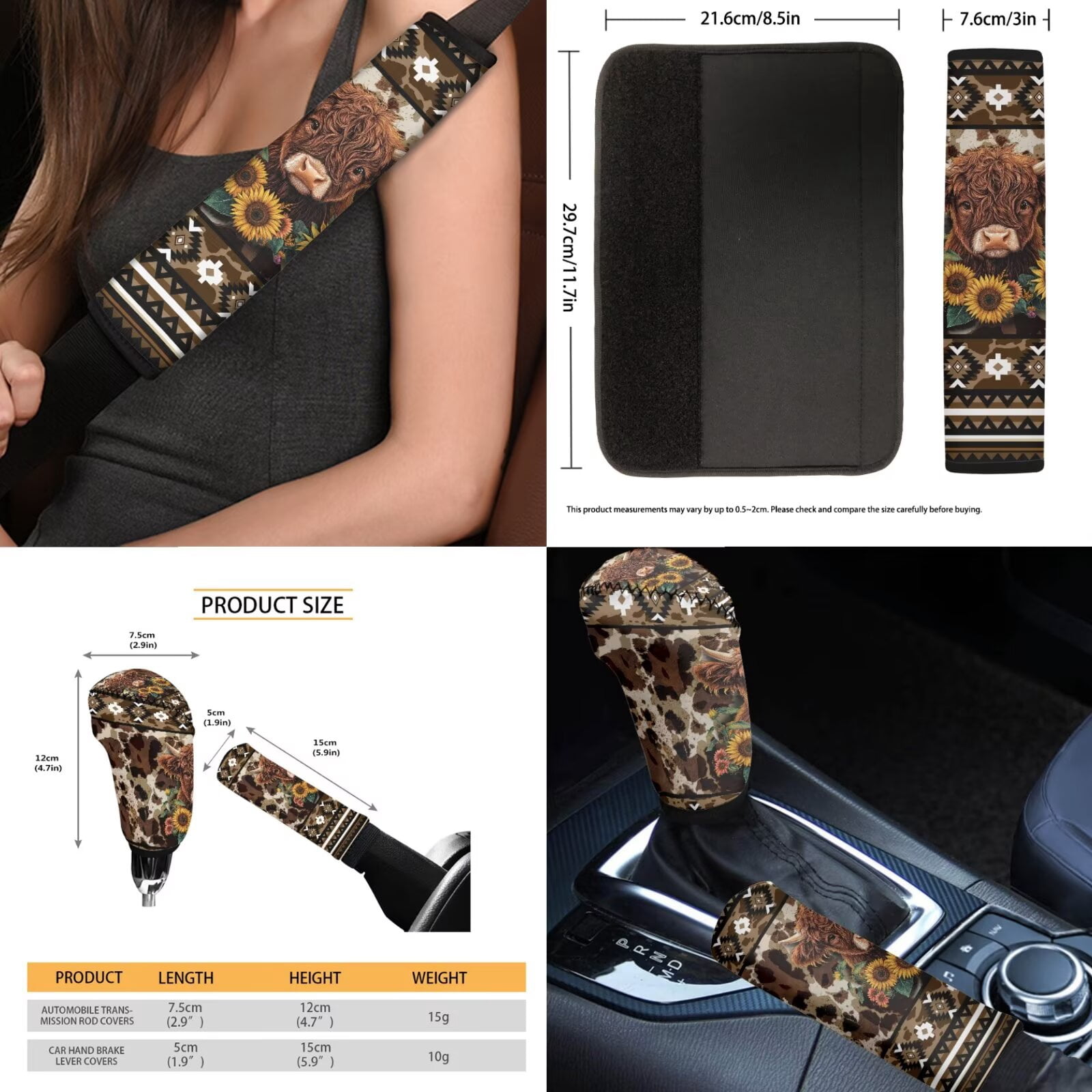 FKELYI American Tribal Sunflower Highland Cow Print 16 Pcs Auto Interior Set Car Seat Covers with Steering Cover Seat Belt Pads Armrest Pad Coasters Headrest Handbrake Covers Gear Shift Knob Sleeve