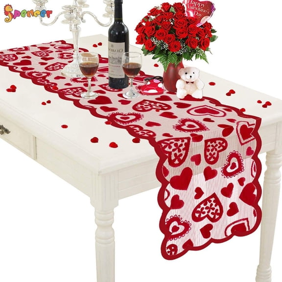 Spencer 2Pcs Valentine's Day Table Runners, 13x72 Inches Love Hearts Red Lace Table Runner for Wedding Anniversary Romantic Party Events Decoration