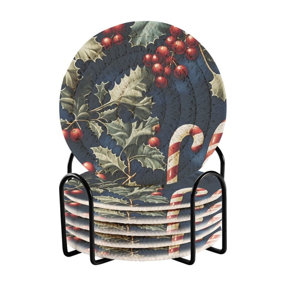 Haosy Set of 6 Drink Woven Coaster with Holder Heat Resistant Non-Slip Bar Coasters 4 Inches Holly Leaves Berries Candy Canes