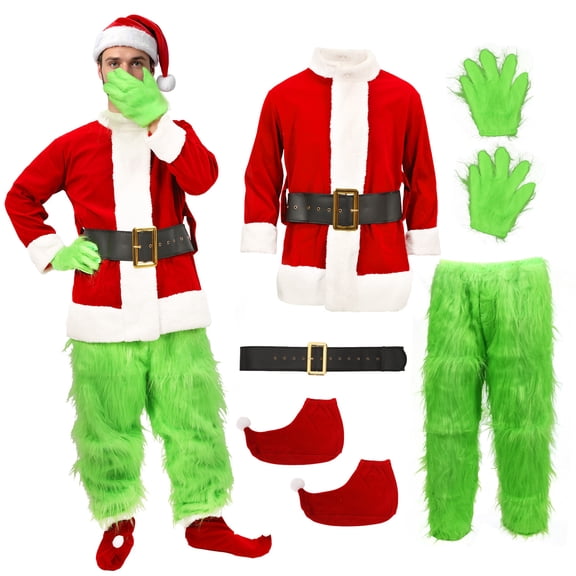 GOBWCOT Adults Green Furry Costume Christmas Santa Suit for Xmas Holiday Party Cosplay Dress-Up Outfit