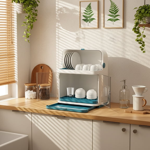 Dish Drying Rack with Lid Cover 2-Tier Kitchen Organizer Storage Cup Holder