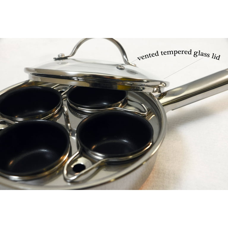 Egg Poacher With Glass Lid 8-Inch Stainless Steel Egg Poacher Pan With 4 Non-Stick Cups & Glass Lid - Works On All Stovetops Egg Poaching Pan 4 Cup