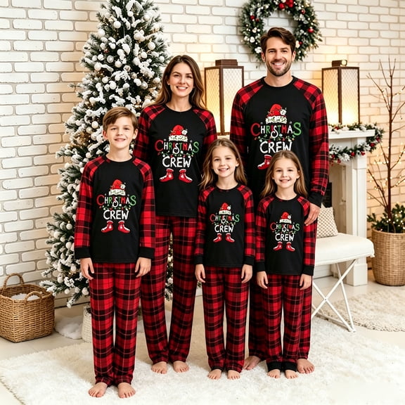 AIGUR Christmas Family Pajamas Matching Set Letter Santa Hat Print Long Sleeve Tops and Plaid Pants Sleepwear