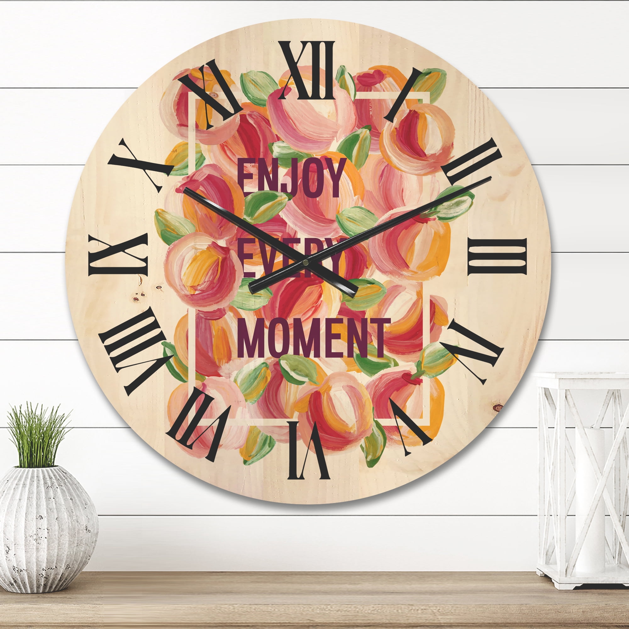 Designart 'Enjoy Every Moment Over Colorful Flowers' Traditional Wood Wall Clock