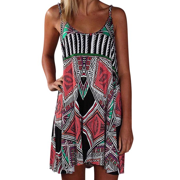 Vestido Camisero Sexy Camis Dress Étnico Impreso Sin Mangas Cuello Cuadrado Sling Falda (Rojo XXL) Cgtredaw Para estrenar