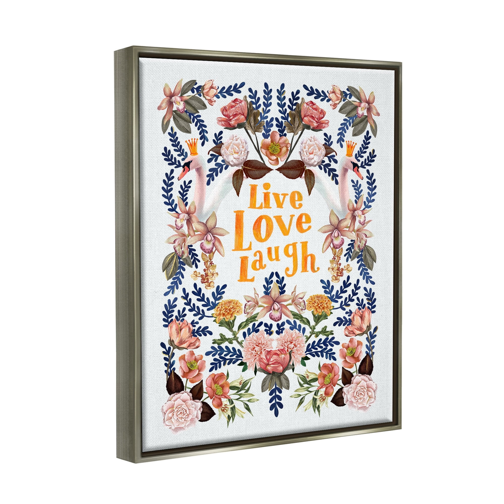Stupell Industries Live Love Laugh Floral Crowned Swans Botanical Trim Graphic Art Luster Gray Floating Framed Canvas Print Wall Art, Design by Raquel Maciel