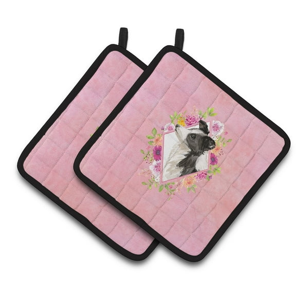 Border Collie Pink Flowers Pair of Pot Holders