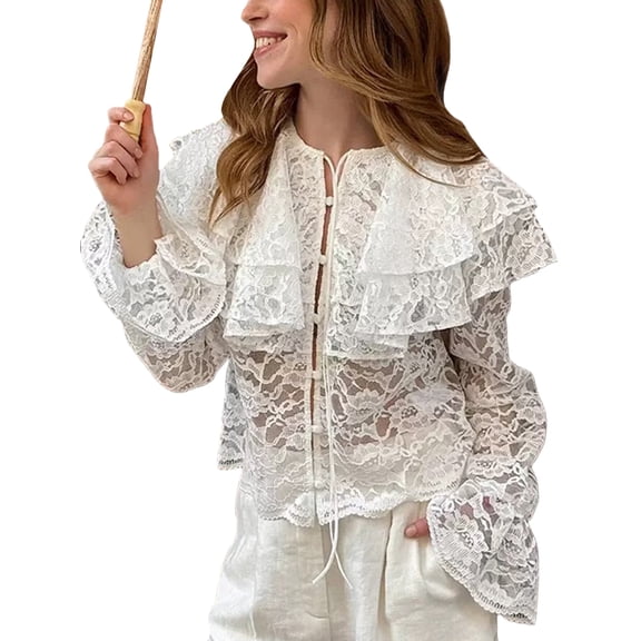 Women Lace Tie Front Top Ruffle Trim Long Sleeve Flowy Shirt Going Out Top White L