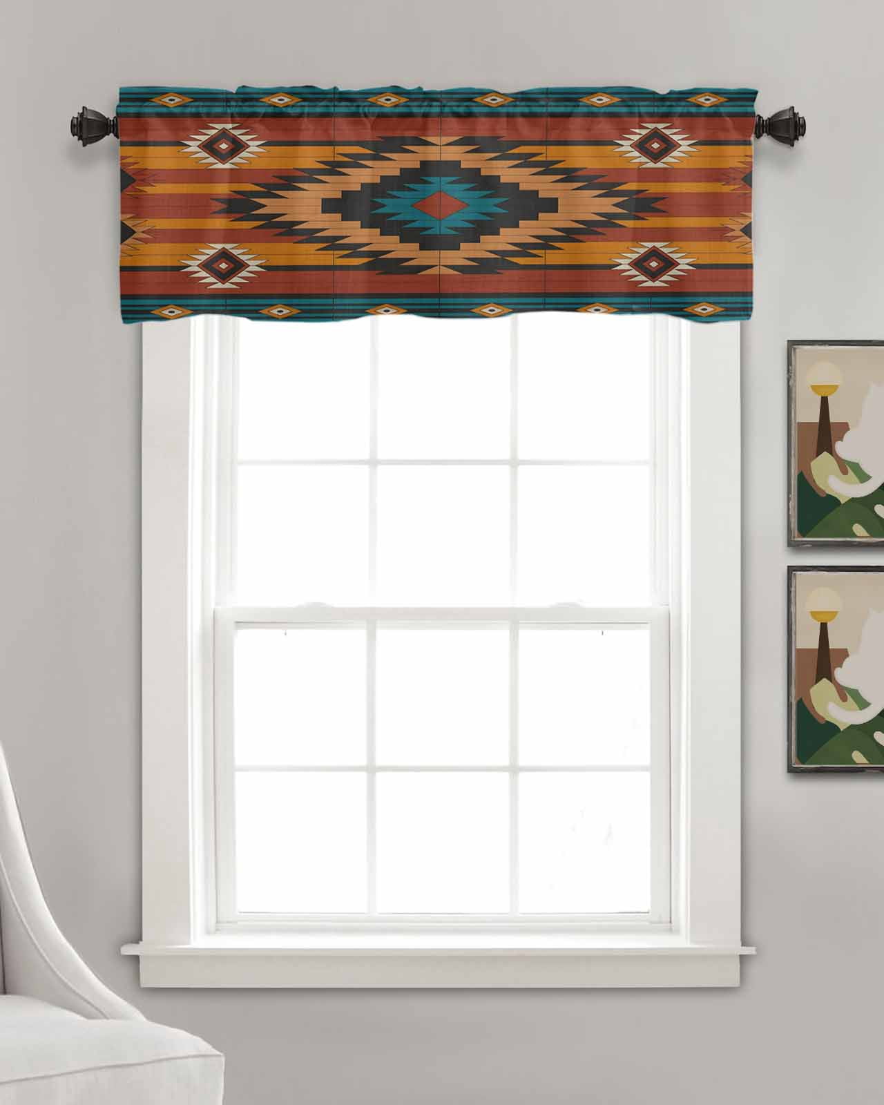 Aztec Southwest Kitchen Valances for Windows Farmhouse Linen Window Valance Curtain for Living Room Window Treatment Vintage Geometric Farmhouse Art Valance Rod Pocket Topper Drape, 54 x 18 Inch