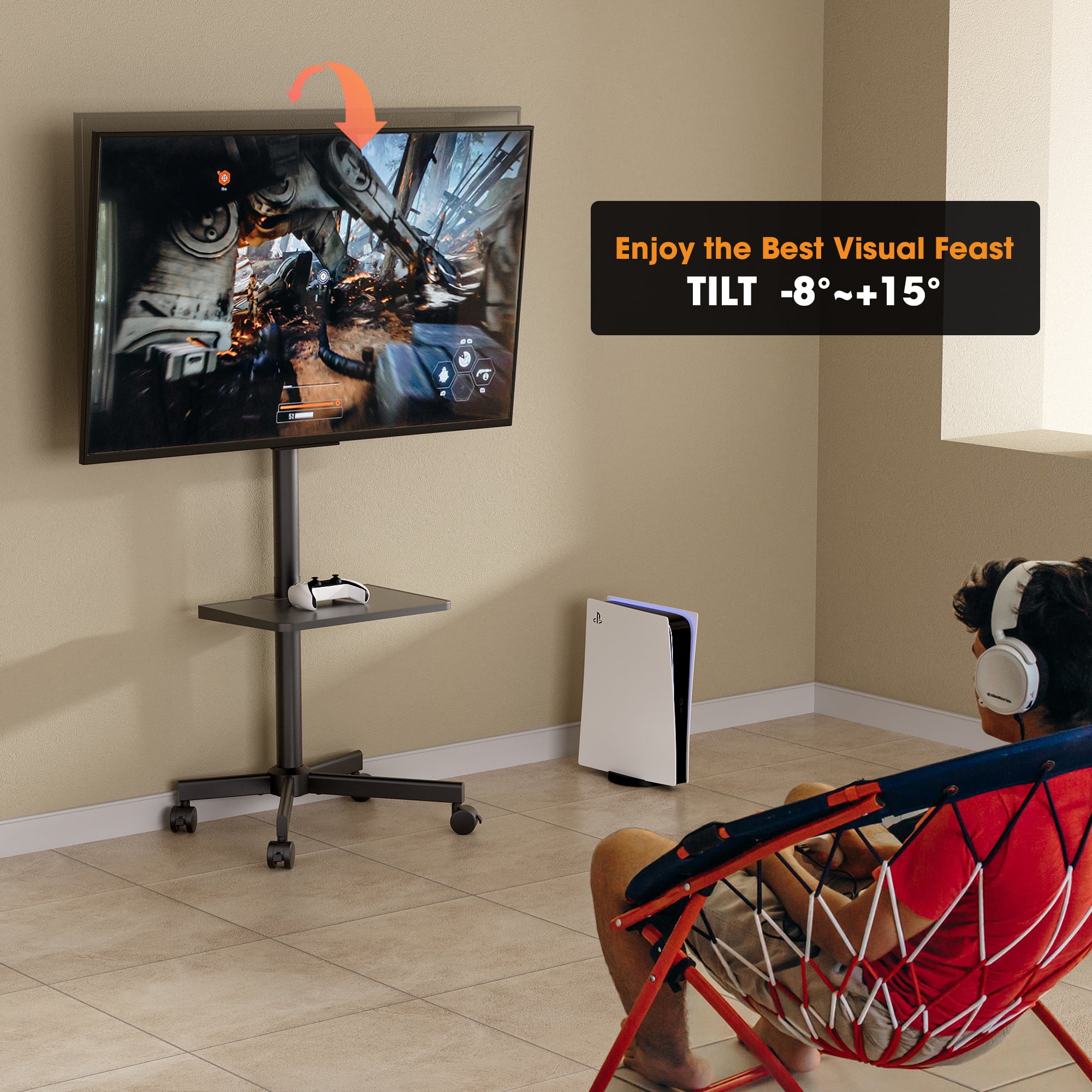AOKCOS Modern Rolling TV Stand With Wheels Mobile TV Cart for 32 to 65 inch TVs with One Shelf,Black