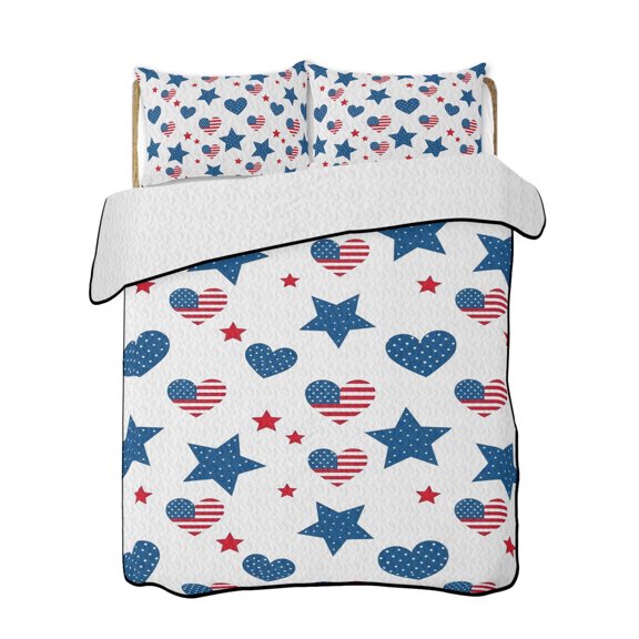 Quilt King Size Bedding Set, Independence Day Reversible Summer Quilt 3 Pieces, 250 Anniversary Blue Red Modern Lightweight Bedspreads Coverlets with 2 Pillow Shams for All Seasons