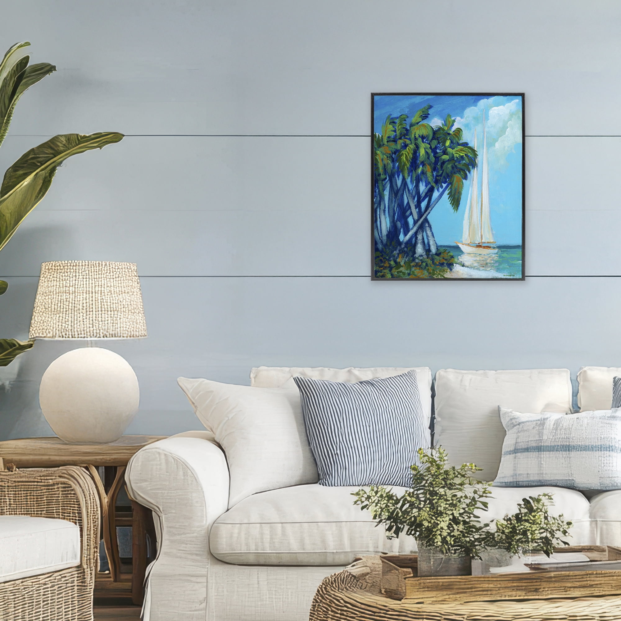 Stupell Industries Sailboat & Twisted Palms Black Framed Giclee Art, design by Dan Meneely