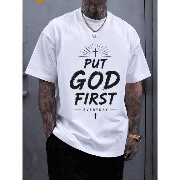 Men's Christian Graphic T-Shirt, "Put God First Everyday" Inspirational Faith Quote Print Casual Crew Neck Short Sleeve Tee, Religious Gift Shirt for Men