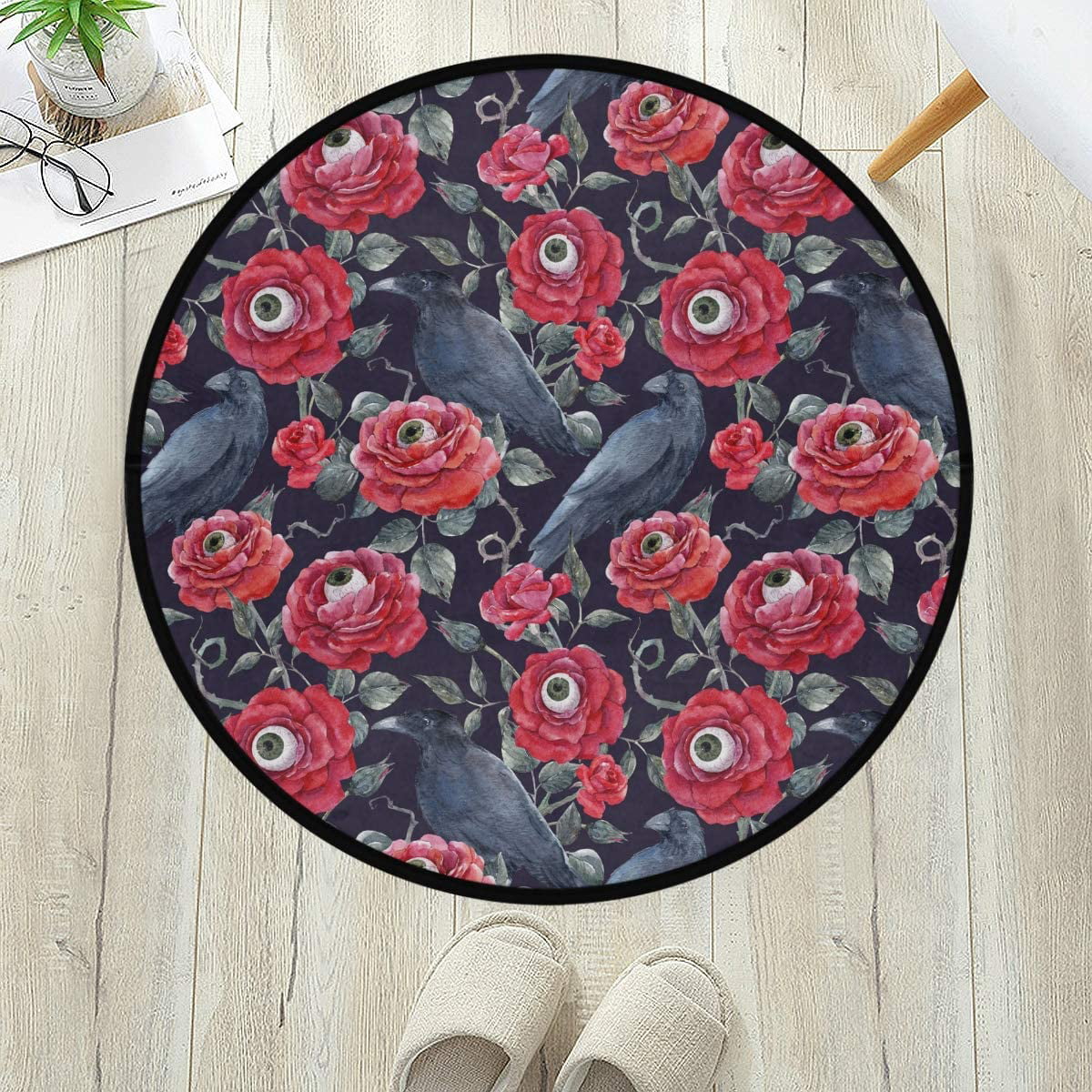 Round Rug Pumpkin Flower Leaves Fruit Non-Slip Circular Area Rugs Computer Chair Mat Comfortable Living Room Bedroom Area Rug,Washable Durable Play Mat 36.2 in