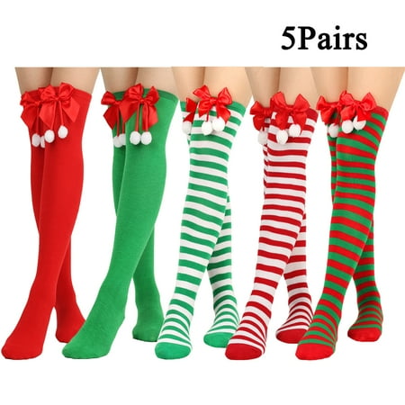 

5pairs Christmas Stockings Girls Over Knee Long Striped Socks Women s Stripes Solid