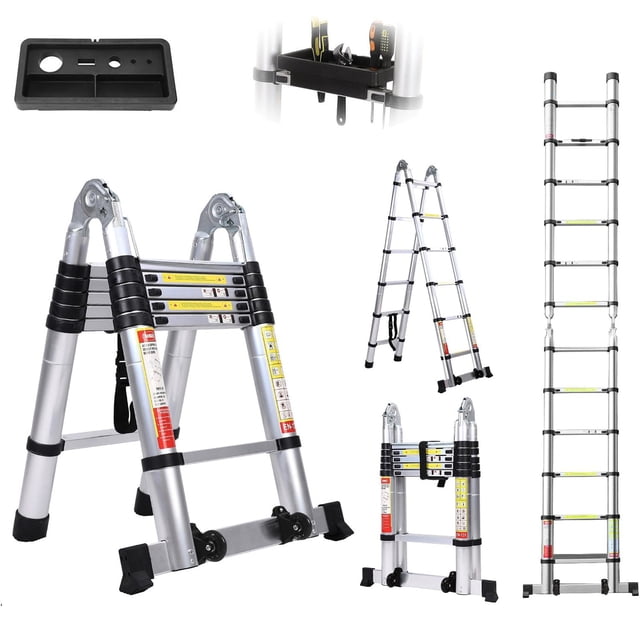 BOWEITI Échelle Télescopique Multifonctionnelle en Aluminium de 12,5 Pi avec Roues et Plateau à Outils 330 Lb de Capacité