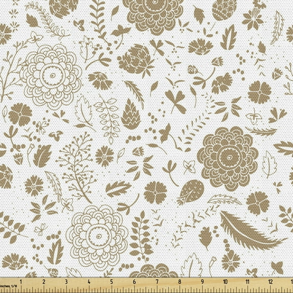 Botanical Sofa Upholstery Fabric by the Yard, Illustration of Earth Tones Flower Leaves Tulip Carnation Forest Herbs Design, Decorative Fabric for DIY and Home Accents, Umber White by Ambesonne