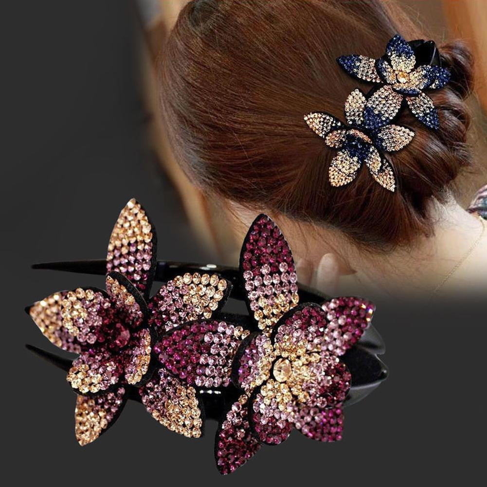 Women Rhinestone Double Flower Hair Clips Shinning Crystal Drills Duckbill Hair Claws Elegant Hair Combs Hairgrip Headwear Hair B7F2