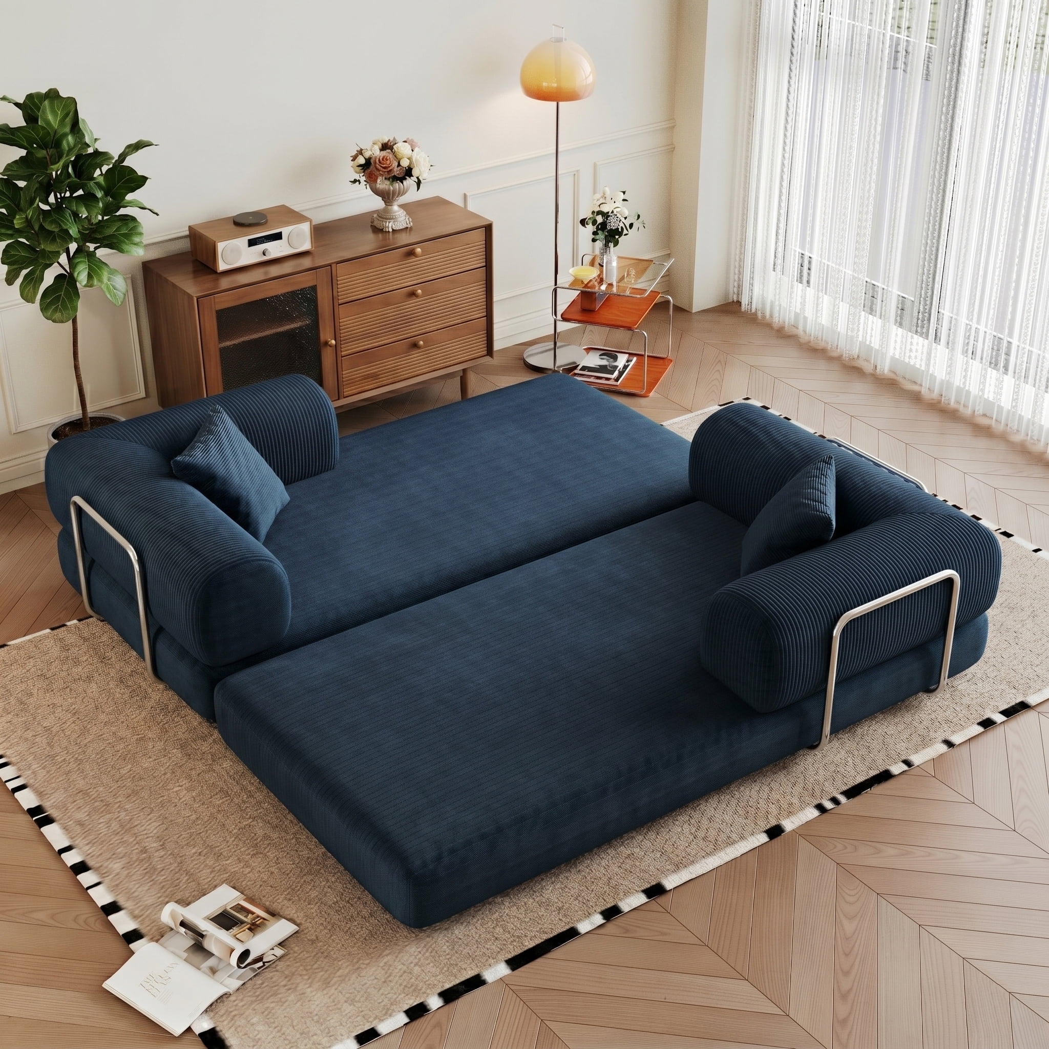 AISWORD Convertible Sleeper Sofa Bed with Cylindrical Pillow, Corduroy Folding Mattress Couch with Fixed-Shape Frame, Floor Sofa Lounge Couch, Blue
