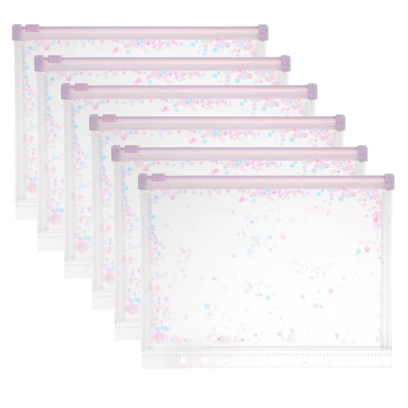 Uxcell 6Pcs A5 Plastic Binder Zipper, Binder Pockets 9 x 7" Clear Envelope Folders Planner Waterproof Pouch Filing with Sequin Decor for Document Notebook Card Organizer, Light Purple