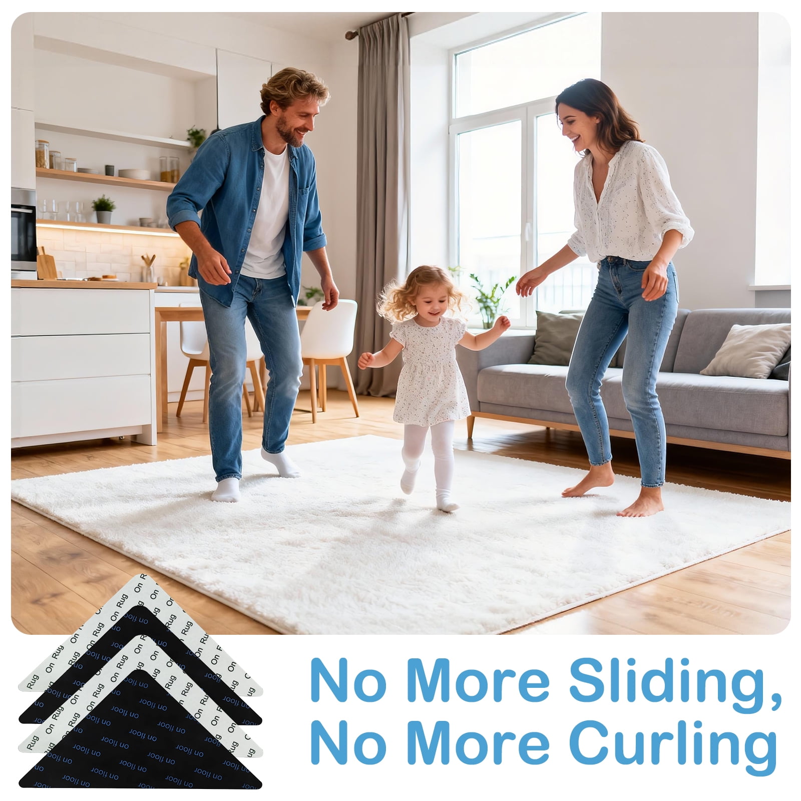 4 Pcs Rug Tape, Double-Sided Adhesive Non Slip Rug Pads Grippers for Hardwood Floors and Tiles