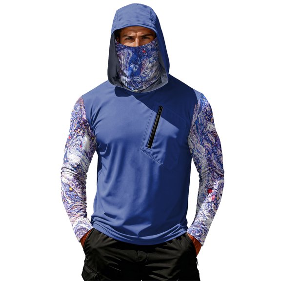 Homeyce Men's Sun Protection Hoodie Spf UV Upf 50 Rash Guard Shirts Long Sleeve Outdoor Hiking Swim Fishing Cooling Shirts with Mask,Blue S