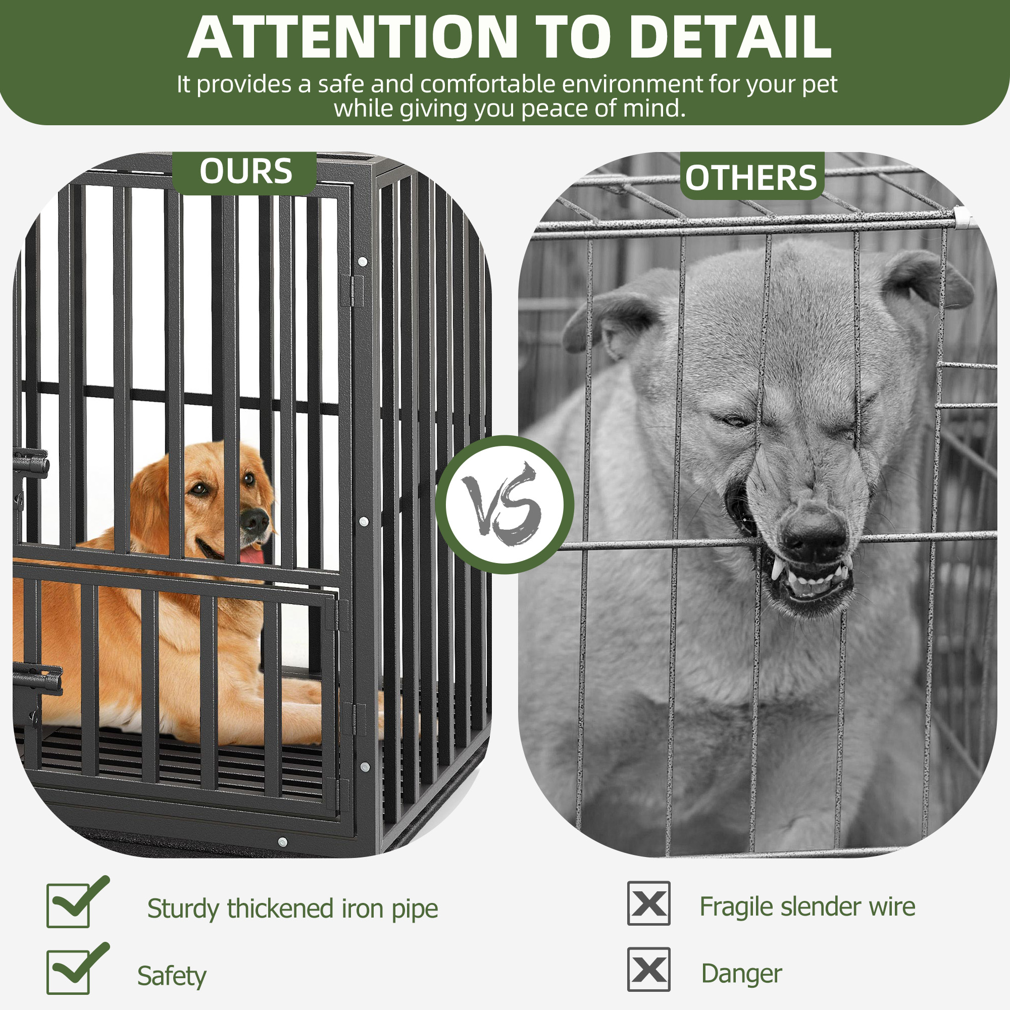 Uforic 37-Inch Heavy Duty Dog Crate with Lockable Wheels, Escape Proof Dog Cage Kennel with Removable Tray - Black