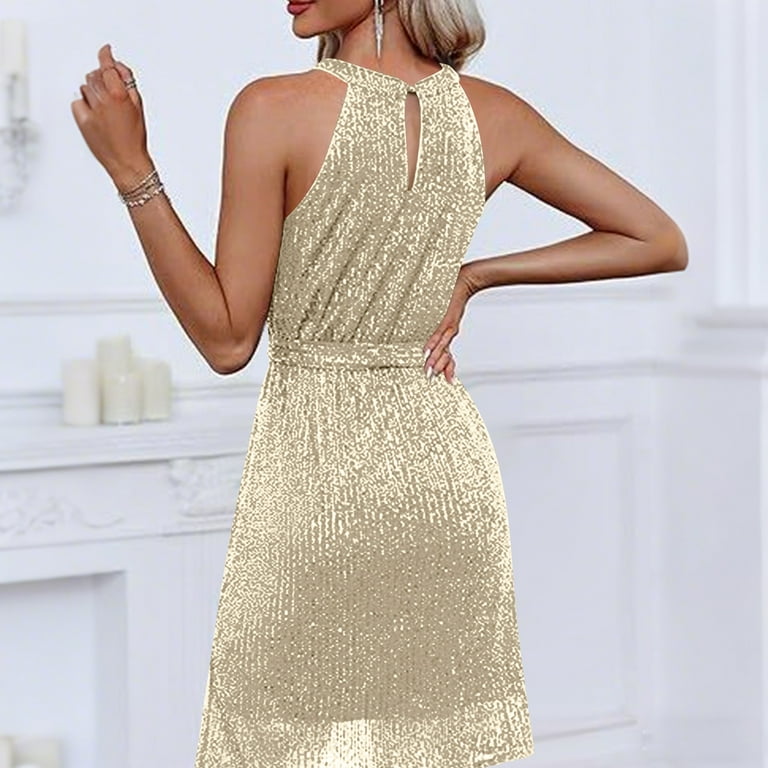 Purcolt Womens Sequin Dress Sparkly Glitter Sleeveless Halter Mini Dress Belted Knee Length Cocktal Party Dress, Women's, Size: Large, Beige