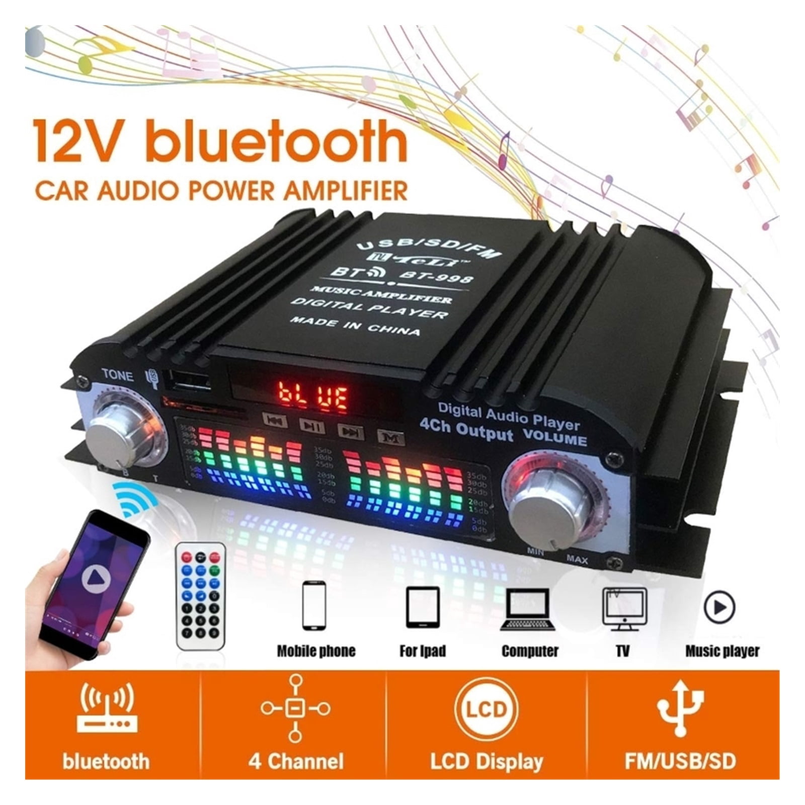 DC 12V 4 Channel Power Amplifier Car Amplifier System Stereo Box 4 Voice Channel FM U Disk Player ,Super Compatibility
