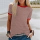 thumbnail image 2 of Blusas para las Mujeres Casual, Rayas Impresas Patchwork Manga Corta Cuello Redondo Top Hecho de 95% Poliéster 5% Spandex para el Verano, Tops Cortos para las Mujeres, 2 of 5