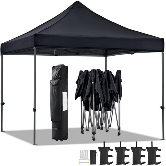 Canopy Tent, Commercial Instant Heavy Duty Canopy, 500D Waterproof Adjustable Canopy with Wheeled Carry Bag, 4 Sandbags and 4 Stakes (10x10, Black)