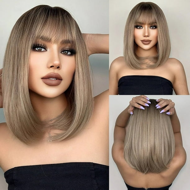 Peluca de cabello Natural con flequillo para mujer, medio y largo pelo sintético, liso, marrón y negro, resistente al calor, ideal para fiesta y Cosplay