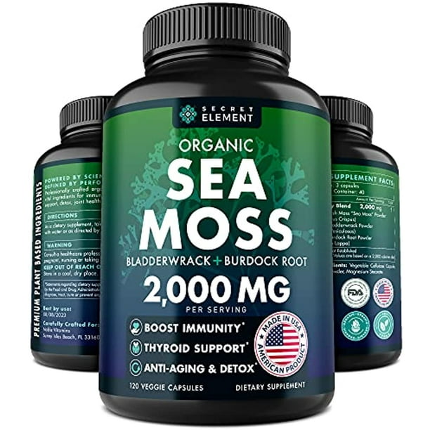 Organic Sea Moss Capsules - Burdock Root, Irish Moss and Bladderwrack  Capsules - Immune System, Gut Cleanse & Thyroid Supplement - 120 Irish  SeaMoss Pills with All-Natural Sea Moss Powder 